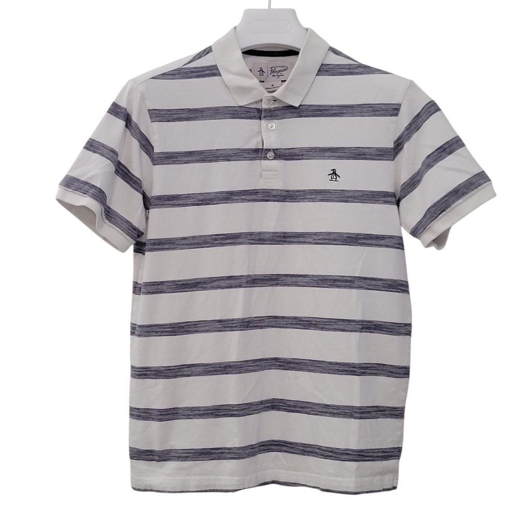 Original Penguin Mens Striped Polo Shirt White Navy Blue Short Sleeve Size M